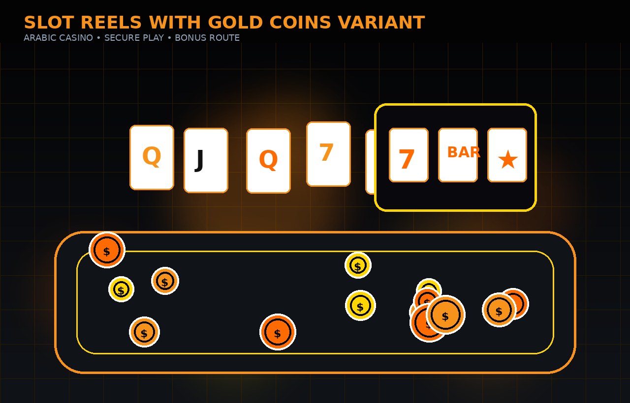 Arabic casino scene with slots, cards and glowing gold chips